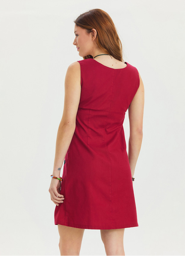 U Neck Cat Figure Button Detailed Red Mini Dress 4528